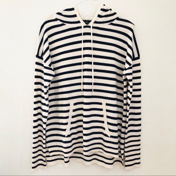 AQUA Cashmere Striped Hooded Sweater Navy/Ivory S - Picture 2 of 6